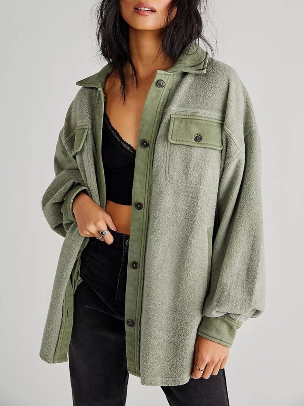 Free People Ruby Shirt Jacket Jaded Green Shacket Button Front oversized Sz M